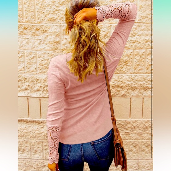 Pink ribbed lace accent detail Henley long sleeve top~ - Picture 3 of 5